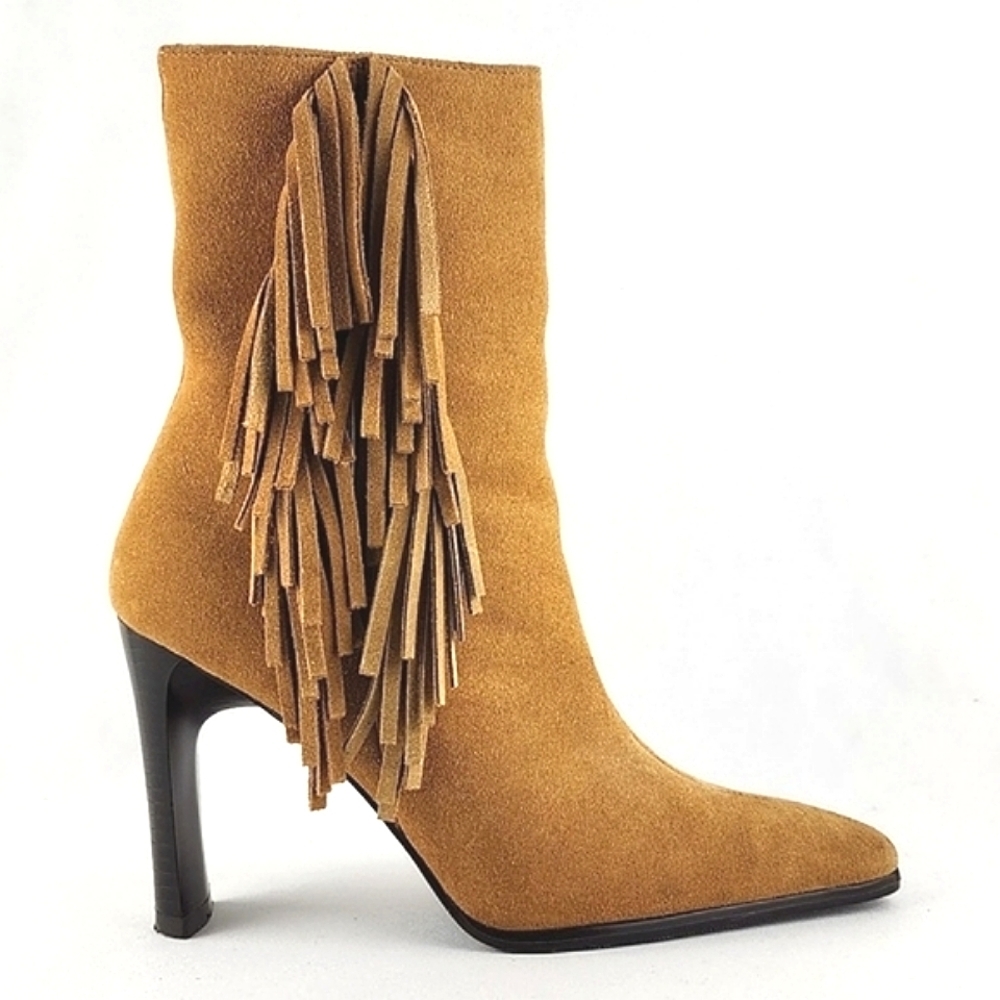 Predictions Collection Tan Suede Leather Fringed Heeled Boot Westen Style Sz 5.5